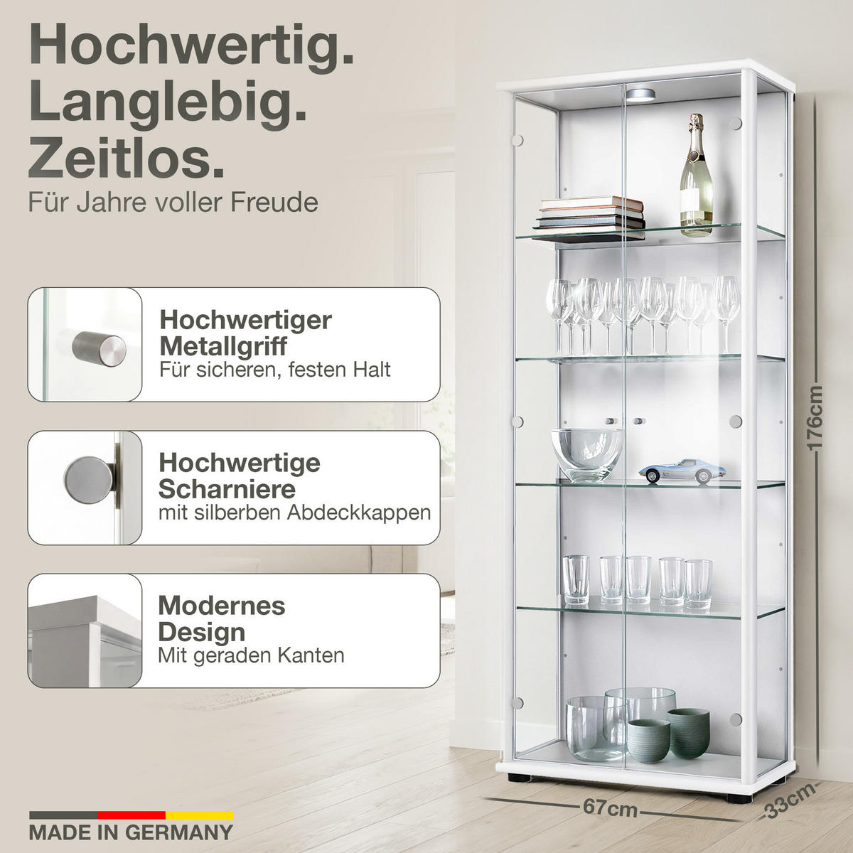 GLASVITRINE 33/67/176 cm mit LED & 4 höhenverstellbaren Glasböden - Transparent/Silberfarben, Glas/Holzwerkstoff (67/176/33cm) - K-Möbel