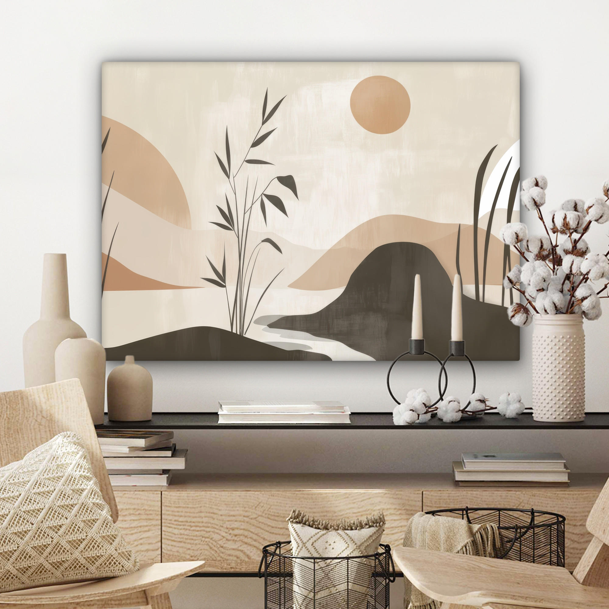 LEINWANDBILD Japandi - Landschaft - Beige Wandbilder 80x60 cm - Cognac, Textil (80/60cm) - MuchoWow