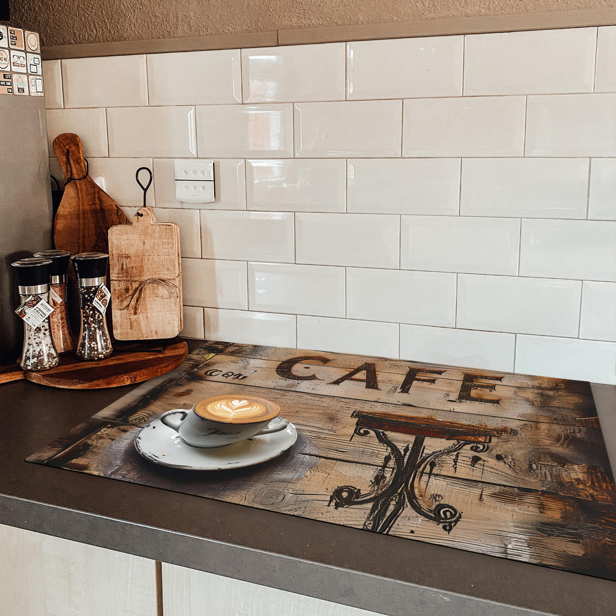 HERDABDECKPLATTE Cafe - Holz - Kaffee - Regale 80x52 cm - Schwarz, Kunststoff (80.2/0.2/52.2cm) - MuchoWow