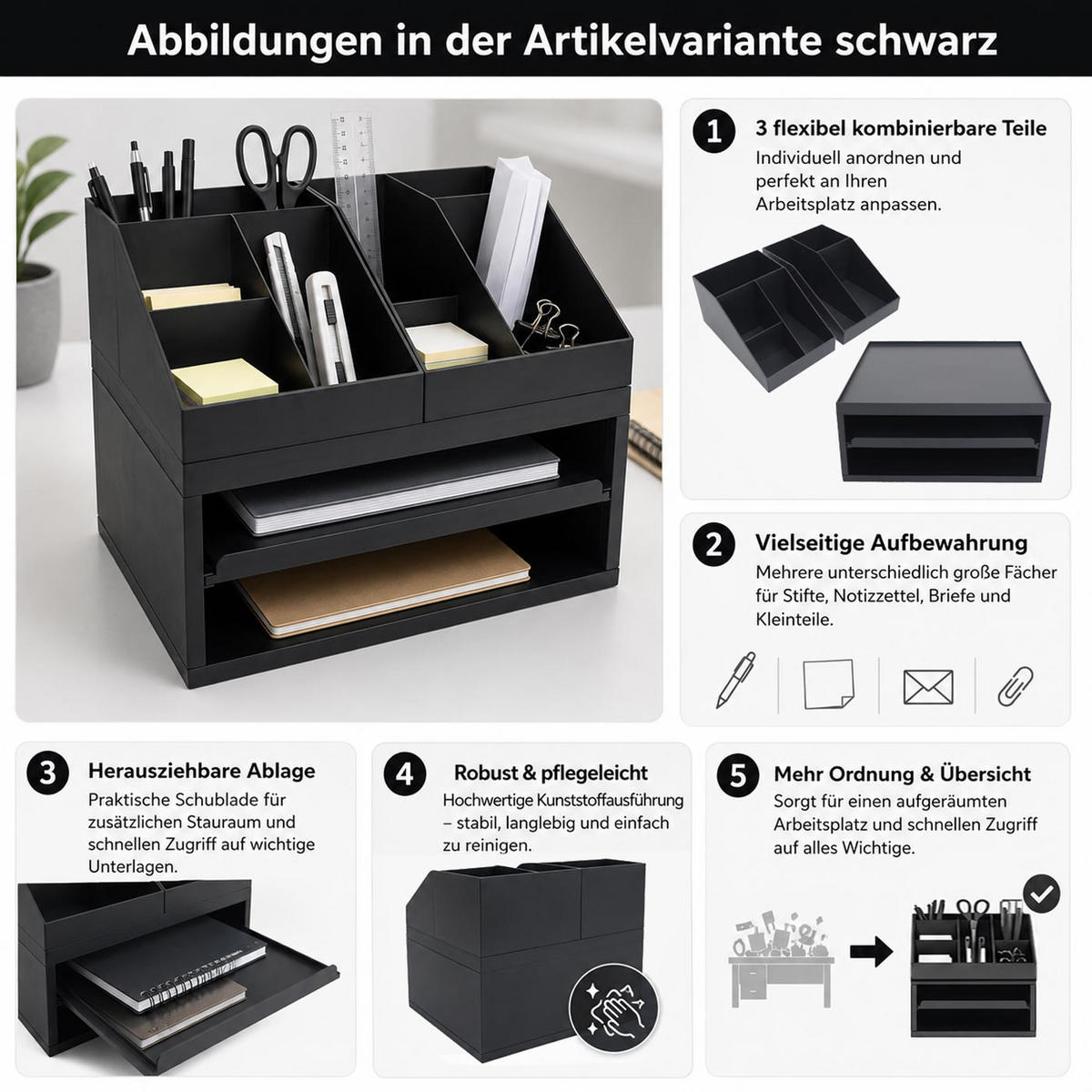 SCHREIBTISCH ORGANIZER Schwarz - Schwarz, Kunststoff (35/28/25cm) - MCW