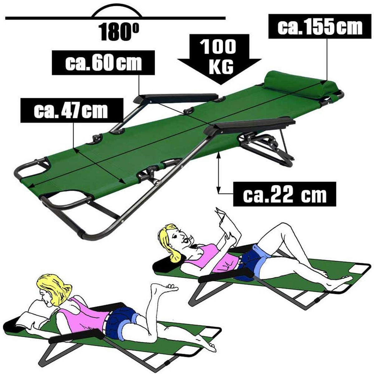 CAMPINGSTUHL, 153/70 cm, Grün - Grün, Kunststoff (60/82/153cm) - Amanka
