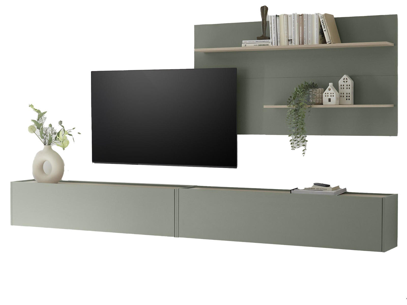 Furn.Design Wohnwand Salbeigrün, Eiche 300x190x30 cm