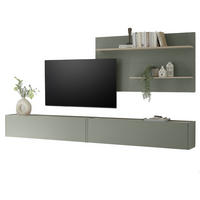 WOHNWAND in Salbei Grün mit Eiche, Wohnzimmer Fernsehschrank mit 300 cm TV Lowboard, gesamt 300 x 190 cm - Salbeigrün/Eichefarben, Holz/Holzwerkstoff (300/190/30cm) - Furn.Design