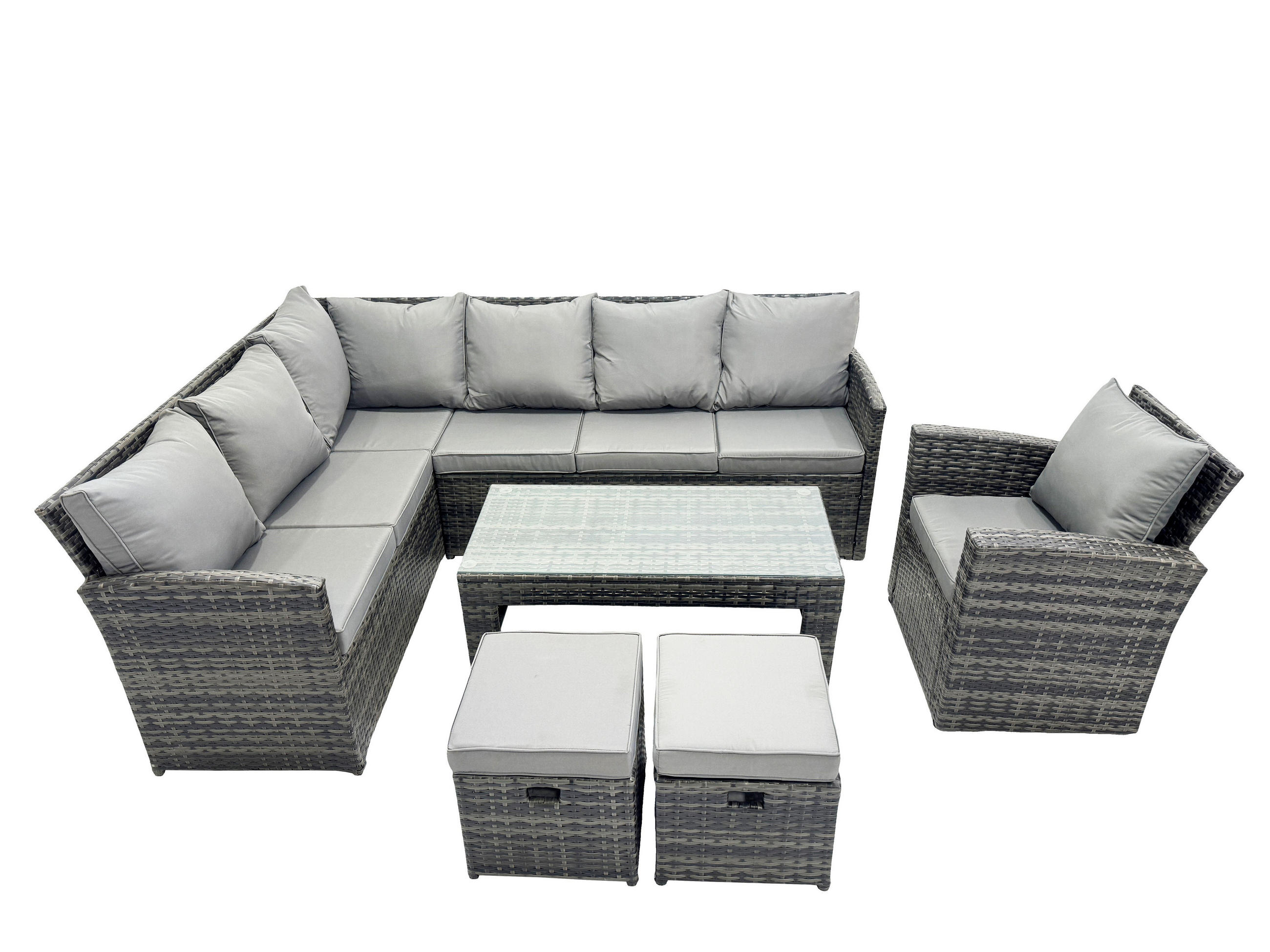 SITZGRUPPE mit Ecksofa,Länglicher Couchtisch,2 Kleine Hocker Polyrattan 9-Sitzer - Dunkelgrau/Grau, Glas/Kunststoff - Fimous