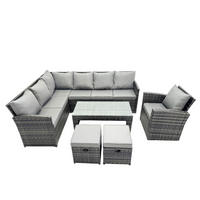 SITZGRUPPE mit Ecksofa,Länglicher Couchtisch,2 Kleine Hocker Polyrattan 9-Sitzer - Dunkelgrau/Grau, Glas/Kunststoff - Fimous