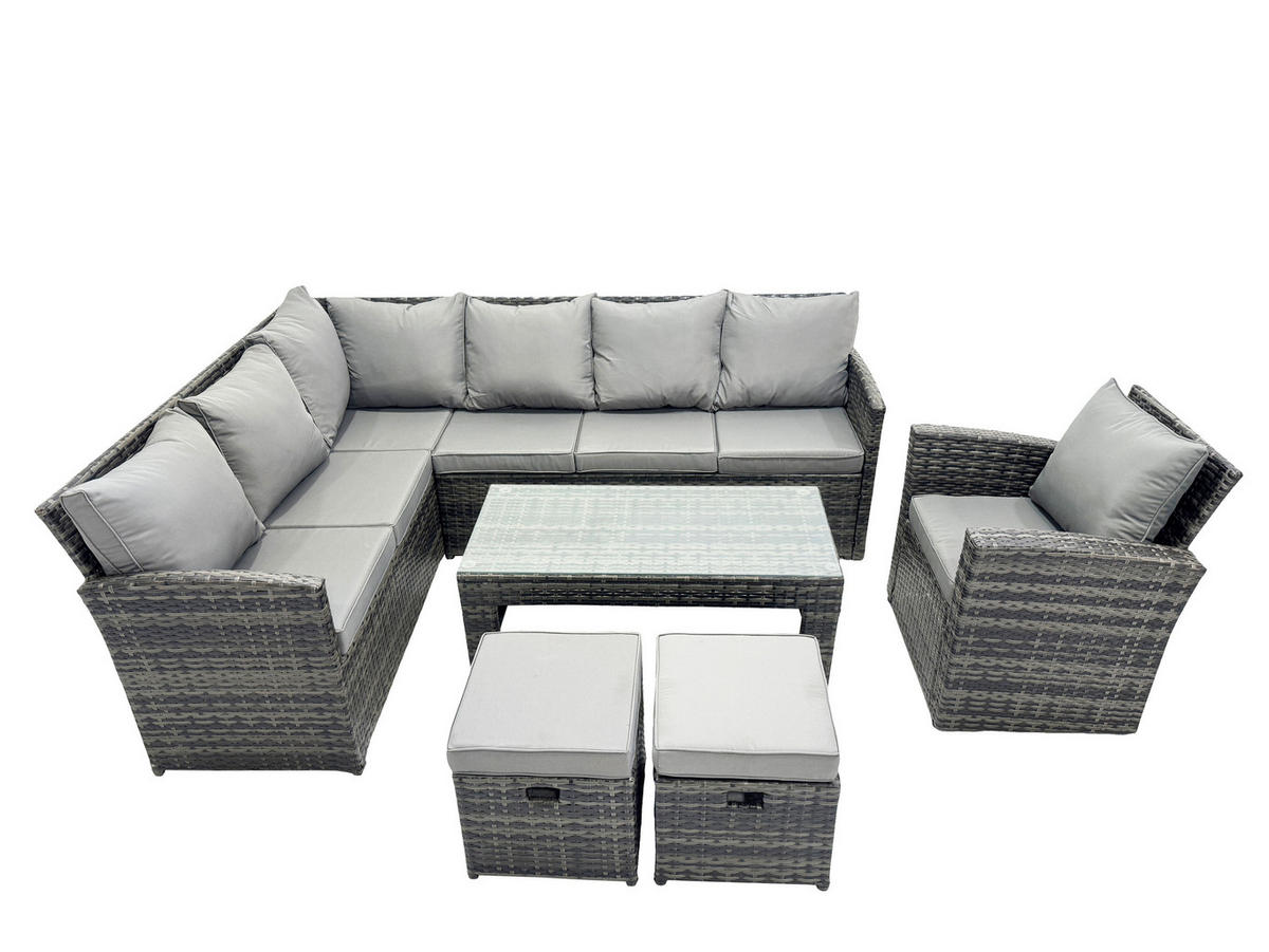 SITZGRUPPE mit Ecksofa,Länglicher Couchtisch,2 Kleine Hocker Polyrattan 9-Sitzer - Dunkelgrau/Grau, Glas/Kunststoff - Fimous