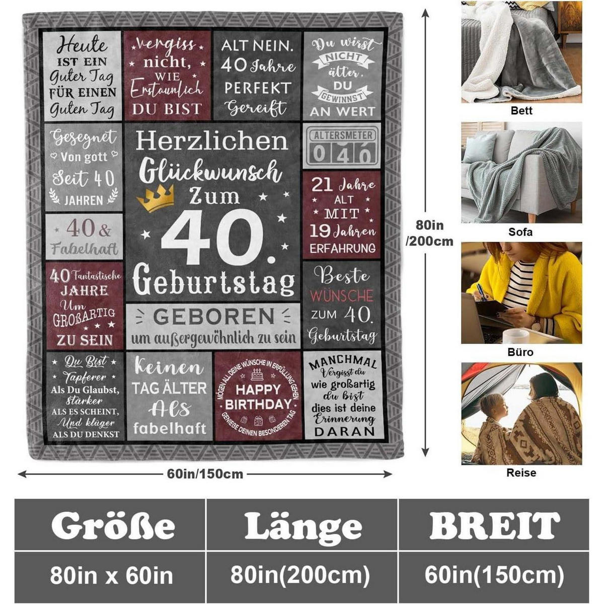 DECKE 200 x 150 cm 40. Geburtstag Mann - Multicolor, Textil (150/200cm)