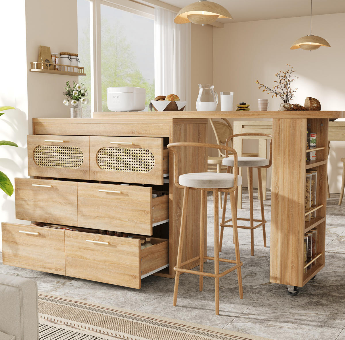 BARTISCH 128-203/39/90 cm in Natur mit 360° Drehfunktion & 6 Schubladen - Naturfarben, Holzwerkstoff (39/203/90cm) - BEAOK