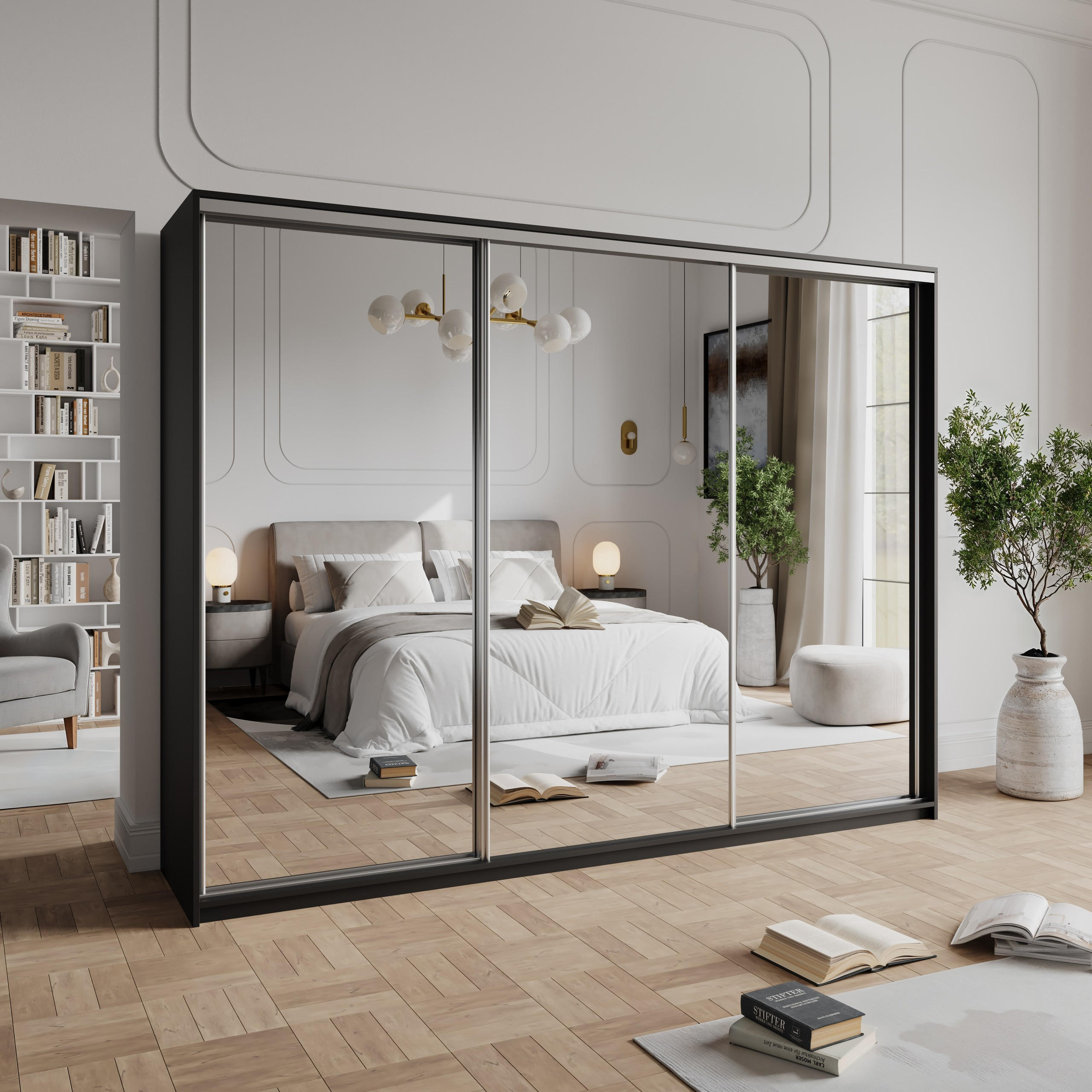 SCHWEBETÜRENSCHRANK RIEN 270/205/60 cm 3-türig mit Spiegel Schwarz - Schwarz, Holzwerkstoff (270/205/60cm) - MASSENO