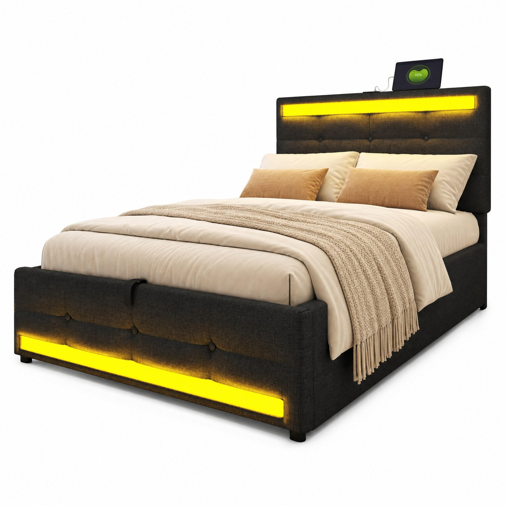 ČALOUNĚNÁ POSTEL 90x200 cm šedá s lněným vzhledem, LED osvětlením a USB portem - šedá, kov/kompozitní dřevo (90/200cm) - WISHDOR
