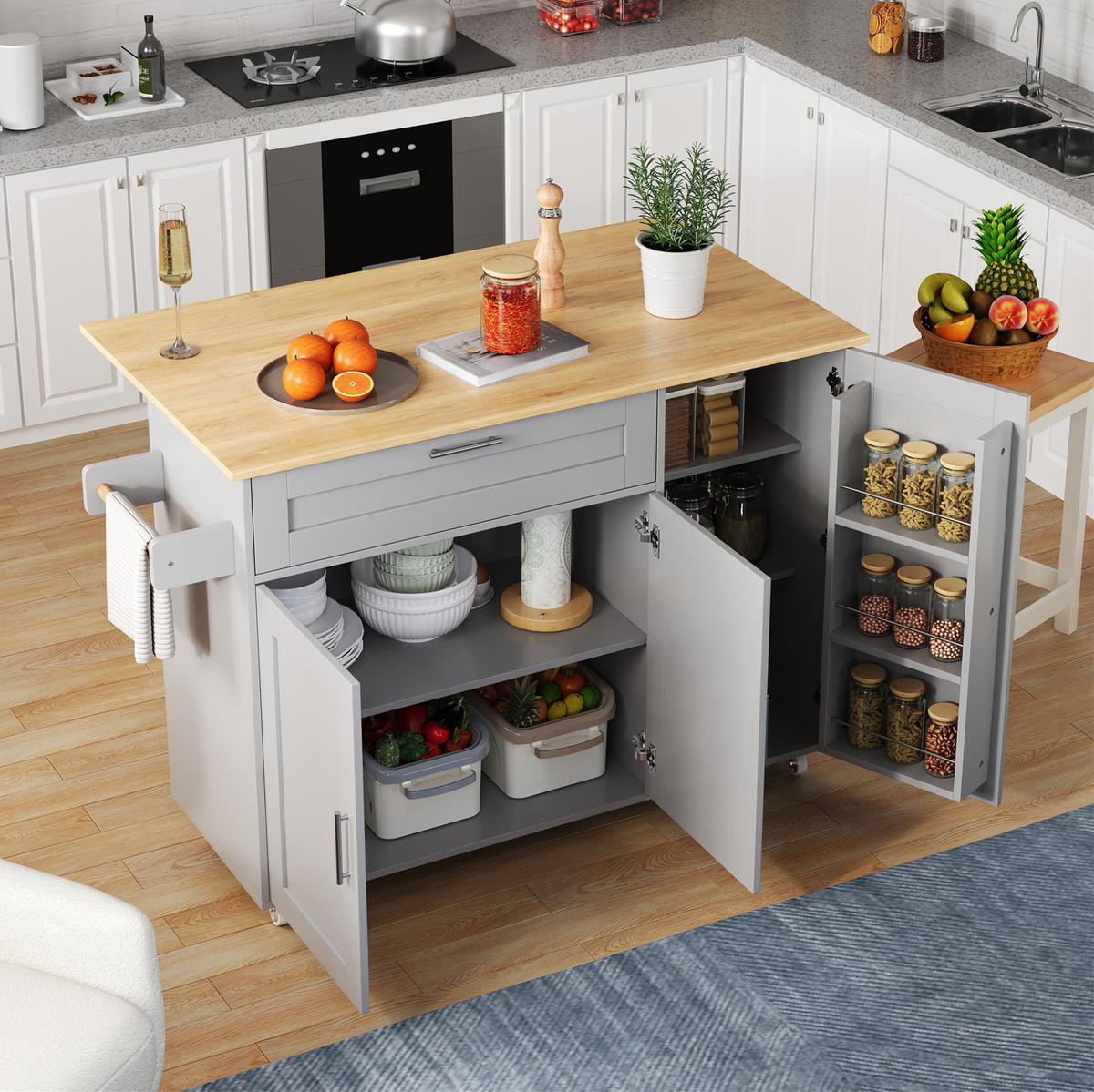 KÜCHENINSEL 132,5/90/44(70) cm Grau aus MDF mit klappbarer Arbeitsplatte - Grau, Holzwerkstoff (44/90/132.5cm) - OKMYHOME