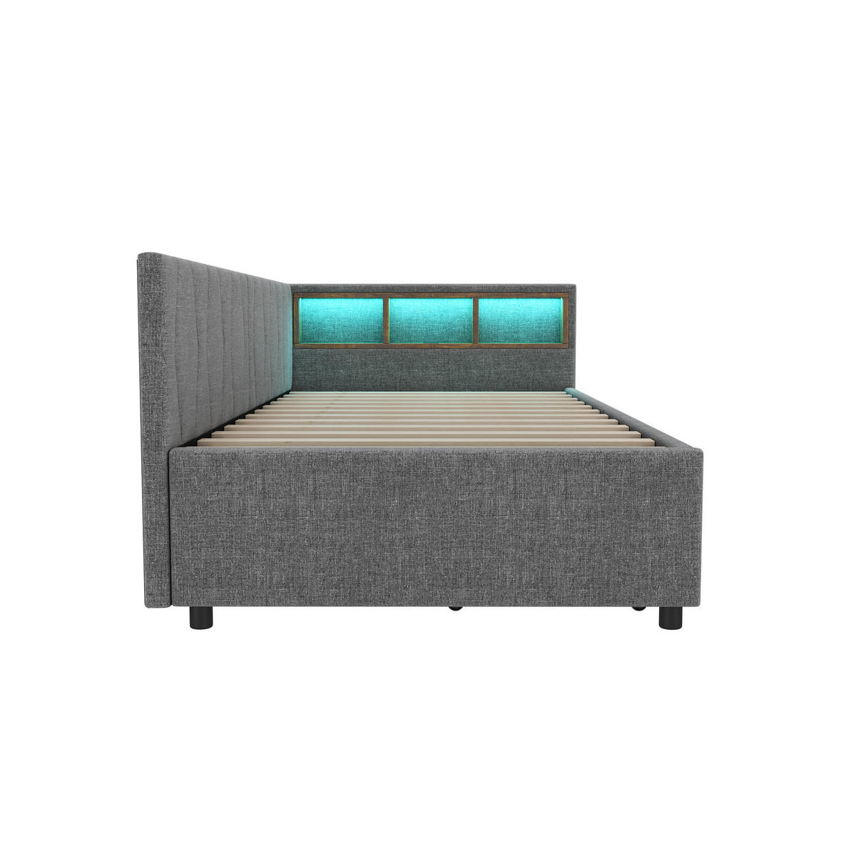 TAGEBETT 90x200cm Grau Leinen Ablagefach 2 Schubladen USB-C - Grau, Holz (90/200cm) - FLIEKS