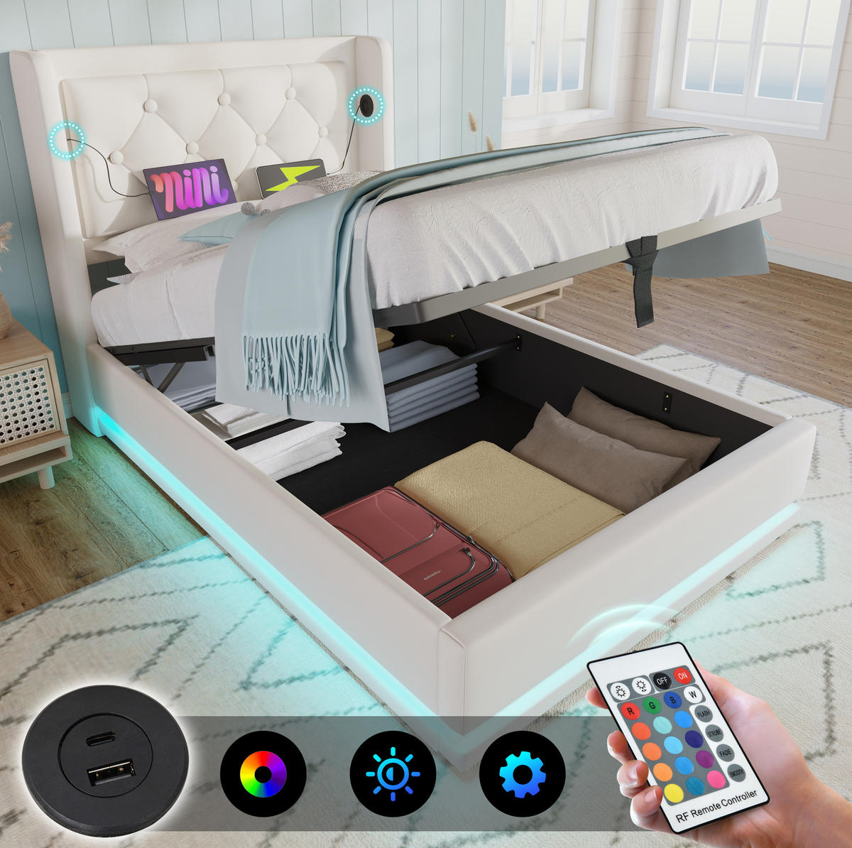 POLSTERBETT 90/200 cm Weiß aus PU mit Bettkasten, USB und LED - Weiß, Kunststoff (90/200cm) - OKMYHOME