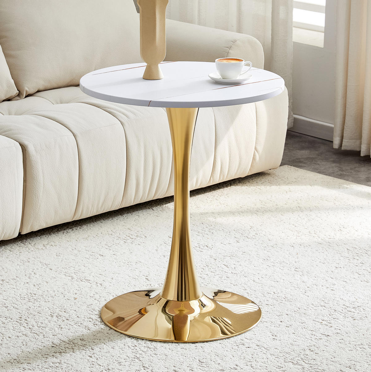 BEISTELLTISCH 60/60/72 cm Weiß Gold runder Tisch aus MDF und Metall mit thermoformierter Platte - Weiß, Holzwerkstoff (60/60/72cm) - OKWISH