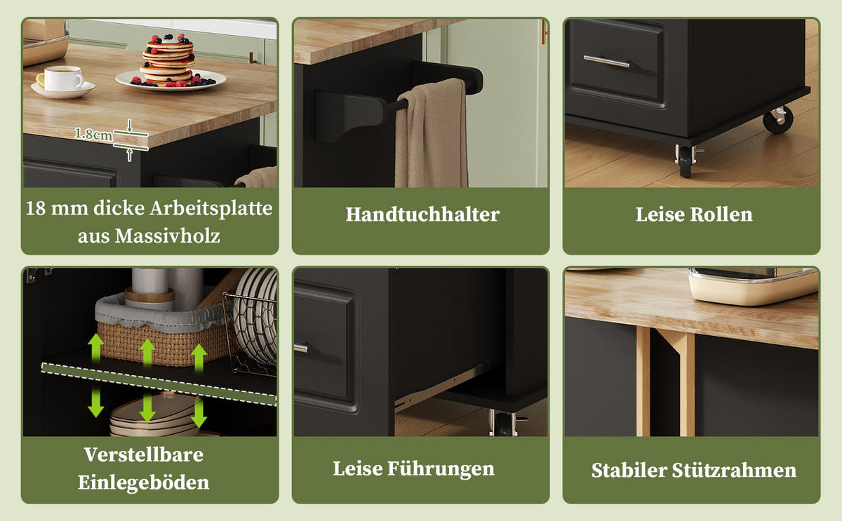 KÜCHENINSEL Schwarz 137/43/92 cm - Schwarz, Holzwerkstoff (137/92/43cm) - PANGIVO