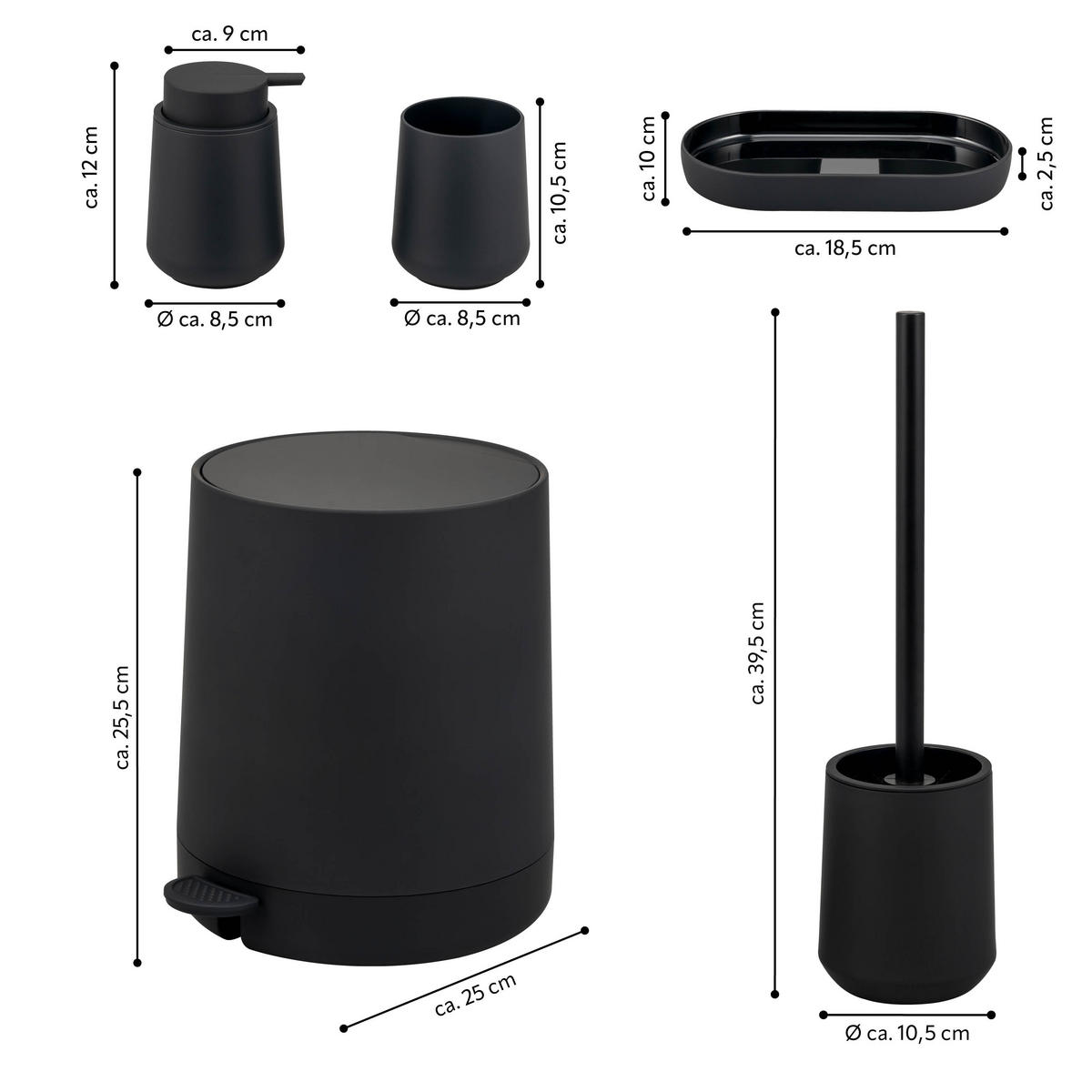 BAD-ACCESSOIRES-SET TESERO, Soft-Touch, schwarz - Schwarz, Kunststoff (22.5/25.5/25cm) - eluno