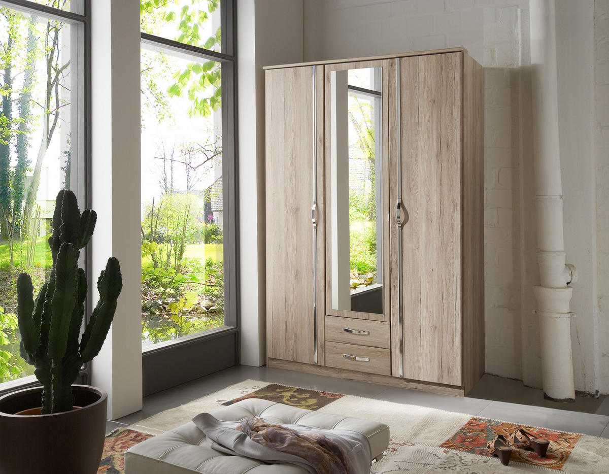 KLEIDERSCHRANK Duo in Eiche San Remo mit Aufleistungen in Chrom 135x199x58 cm (BxHxT) – Drehtürenschrank 135 cm Breite - Braun, Holzwerkstoff (120/200/80cm)