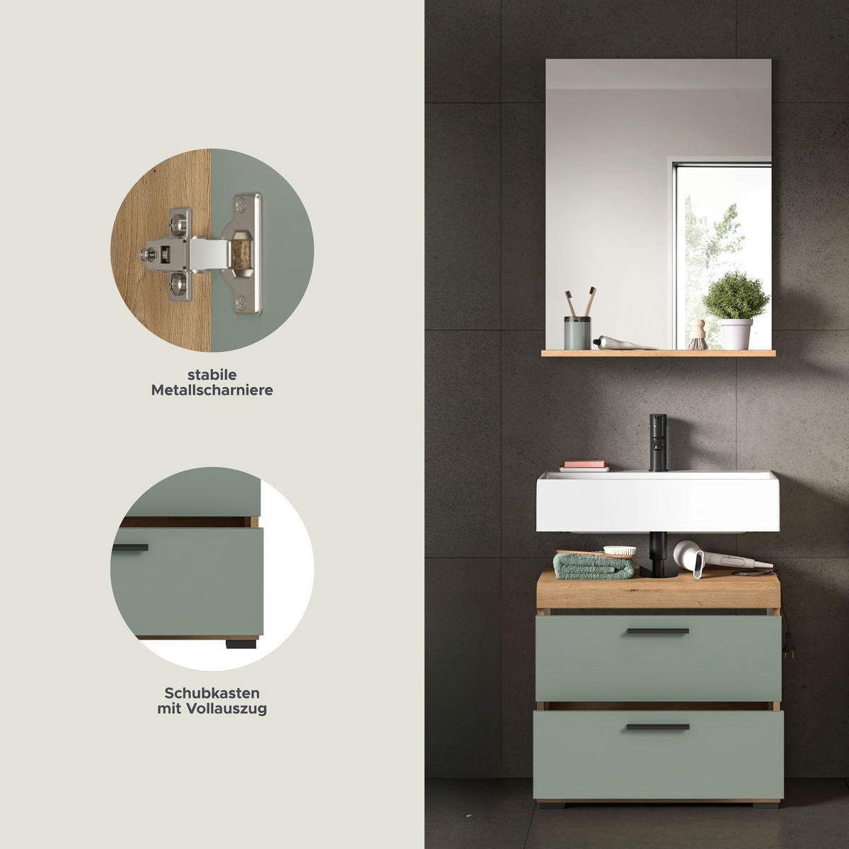 BADKOMBINATION 2tlg. Scout Bad in Artisan Eiche Nachbildung und Salbei Nachbildung B/H/T: 60x191x34 cm - Eiche Artisan, Holz (60/191/37cm)