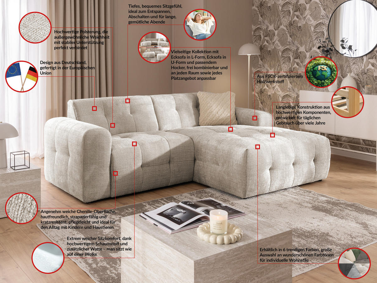 ECKSOFA inkl. Hocker Kozy im Bumpy-Design mit Schlaffunktion und fester Rückenlehne aus weichem Dunkelbeige Chenille-Stoff - Ottomane rechts - Beige/Schwarz, Holz/Kunststoff (234/161cm) - S-Style Möbel