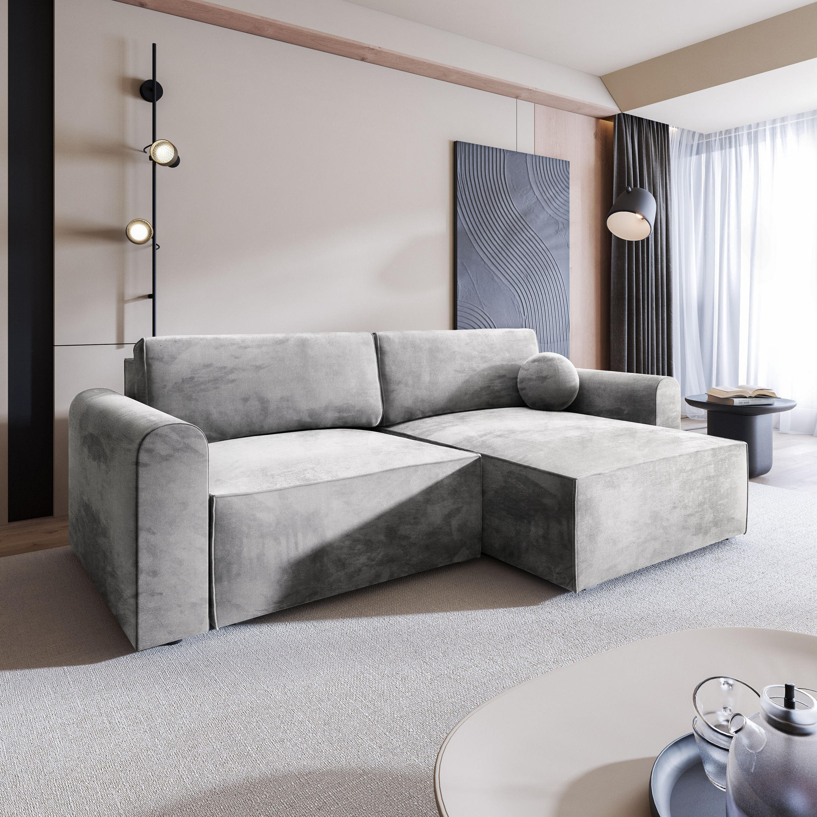 ECKSOFA FIANO M Hellgrau Velours-Stoff mit Schlaffunktion - Hellgrau, Holz (245/148cm) - MASSENO