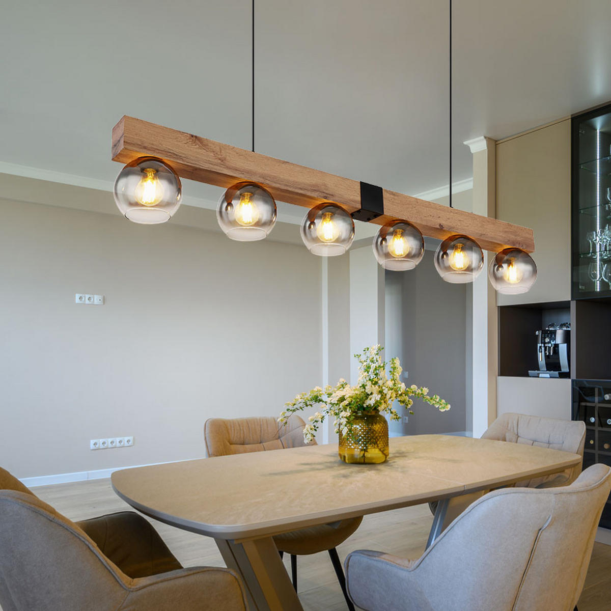 HÄNGELEUCHTE Holzoptik Braun Metall Schwarz - Braun, Glas (140/15/120cm) - Globo Lighting