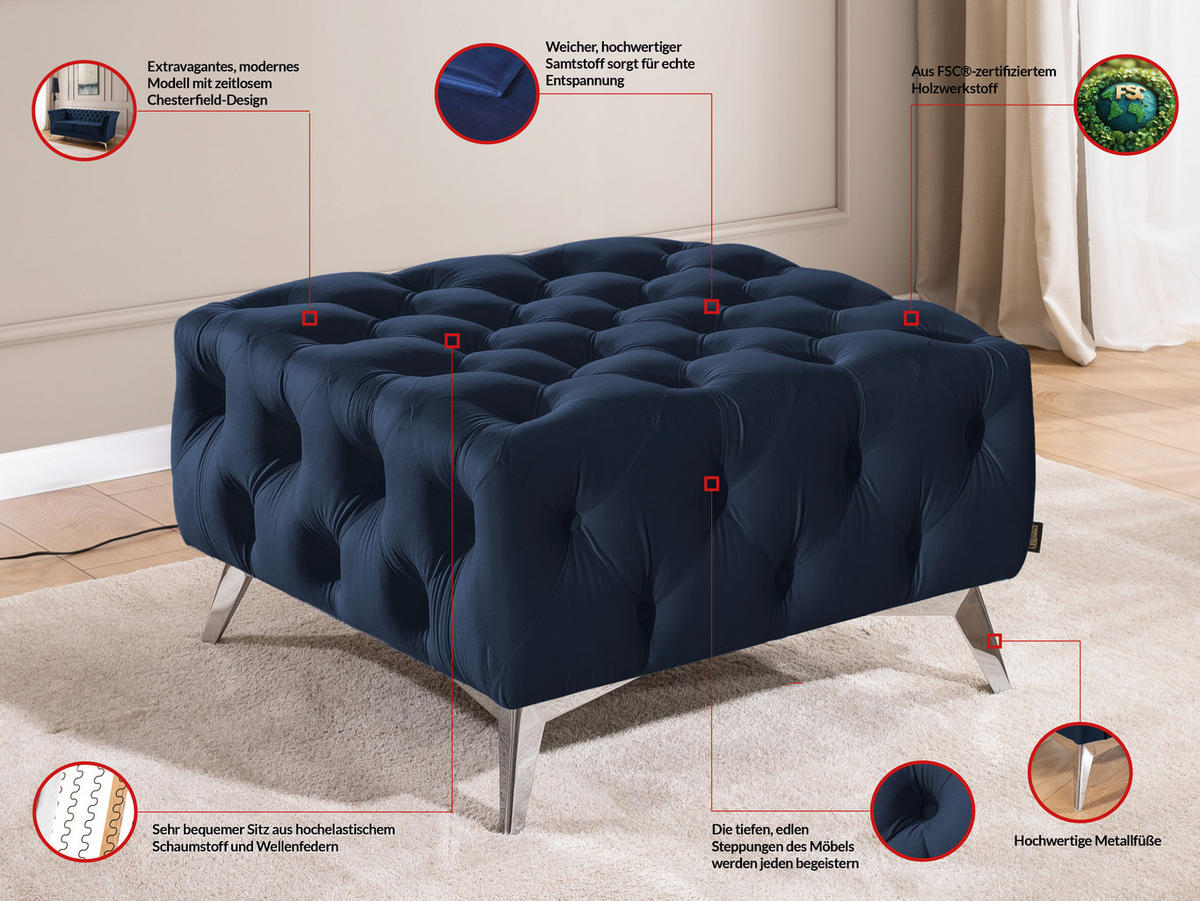 HOCKER Chesterfield Whitby Marineblau Samt mit silbernen Füßen - Blau/Silberfarben, Holz/Textil (80/45/80cm) - S-Style Möbel