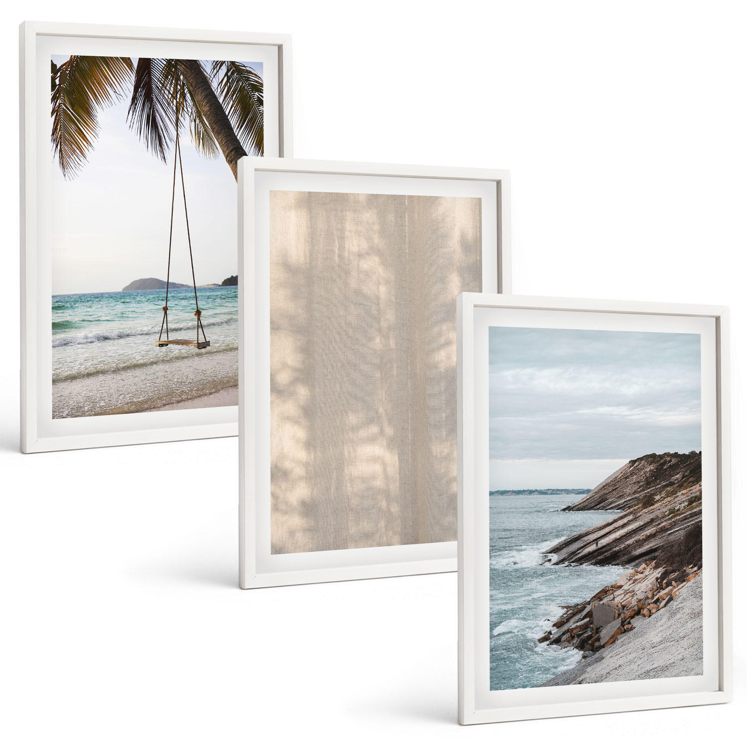 BILDER SET 3er Set - 40x60 cm Weißer Rahmen - Sommerlicher Sandstrand mit Meerblick - Weiß, Kunststoff (40/60cm) - TULUP