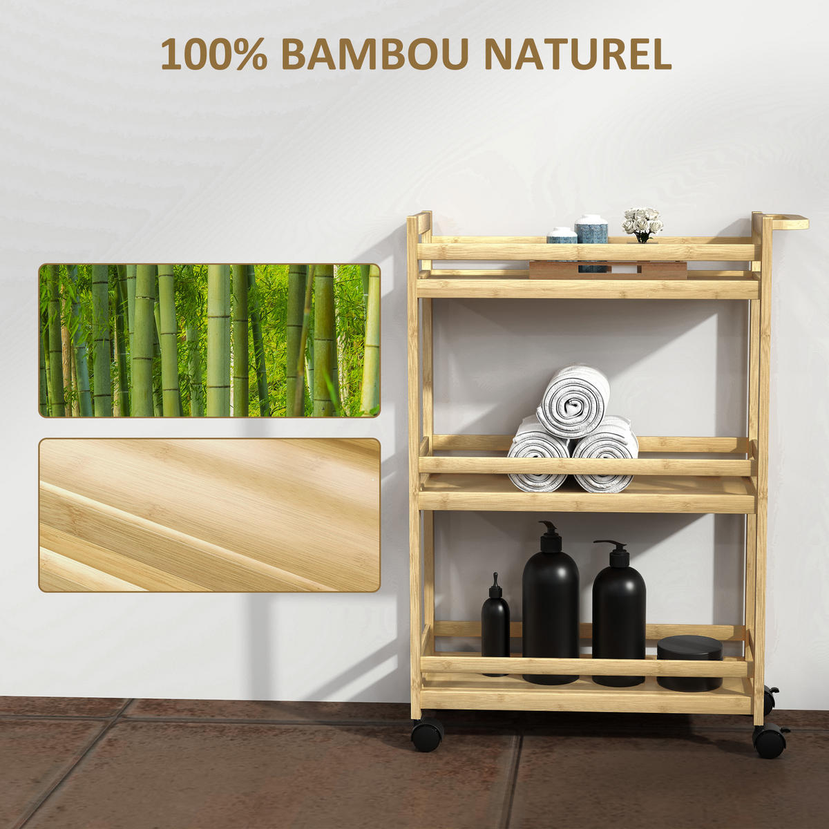 BADEZIMMERREGAL DE-17322 3-stufig mit Rollen & Handgriff Natur - Naturfarben, Naturmaterialien (20/75/55cm) - ComfortXL