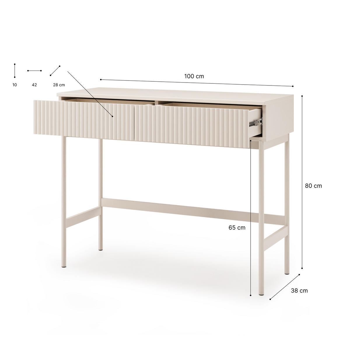 KONSOLENTISCH Soft mit 2 Schubladen und geriffelten Fronten, Kaschmir - Kaschmir, Holzwerkstoff (38/100/80cm) - Beautysofa