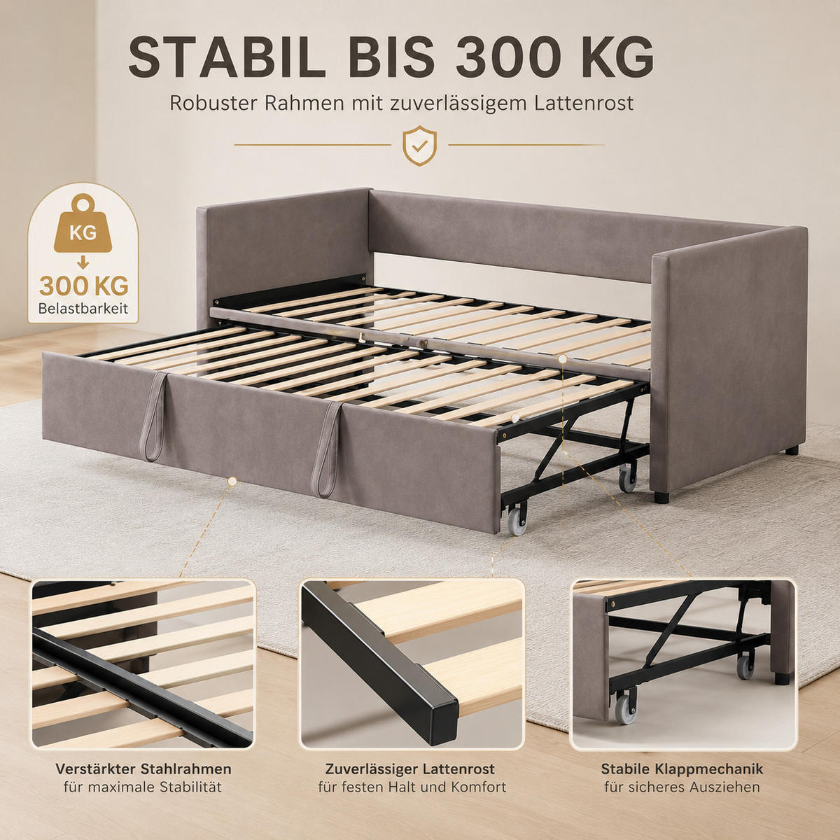 SCHLAFSOFA Samt grau ausziehbar mit Gästebett Funktion 3-fach umwandelbar Tagesbett mit Rollen - Grau, Metall (183/74/213cm) - Joyfair