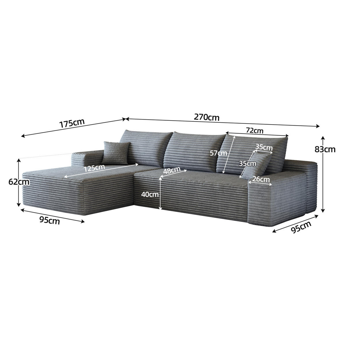 ECKSOFA 270 cm in Grau aus Cord mit weicher Polsterung - Grau, Textil (175/270cm) - Flora Grace