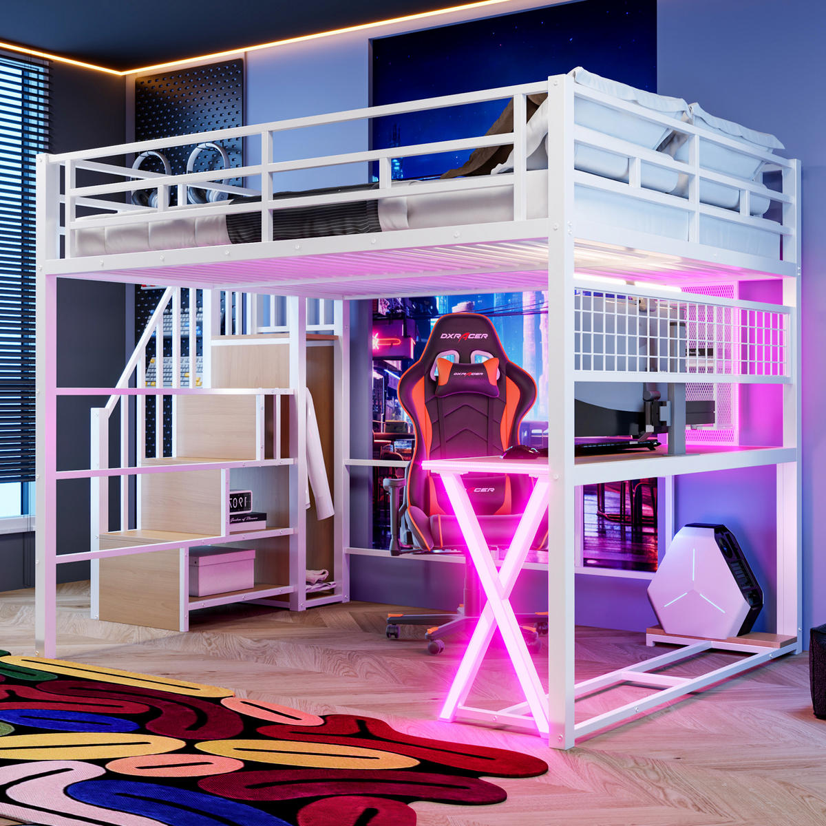 HOCHBETT 160/200 cm mit LED, Schreibtisch und Kleiderschrank, DE-04920, in Weiß - Weiß, Metall (160/200cm) - ComfortXL