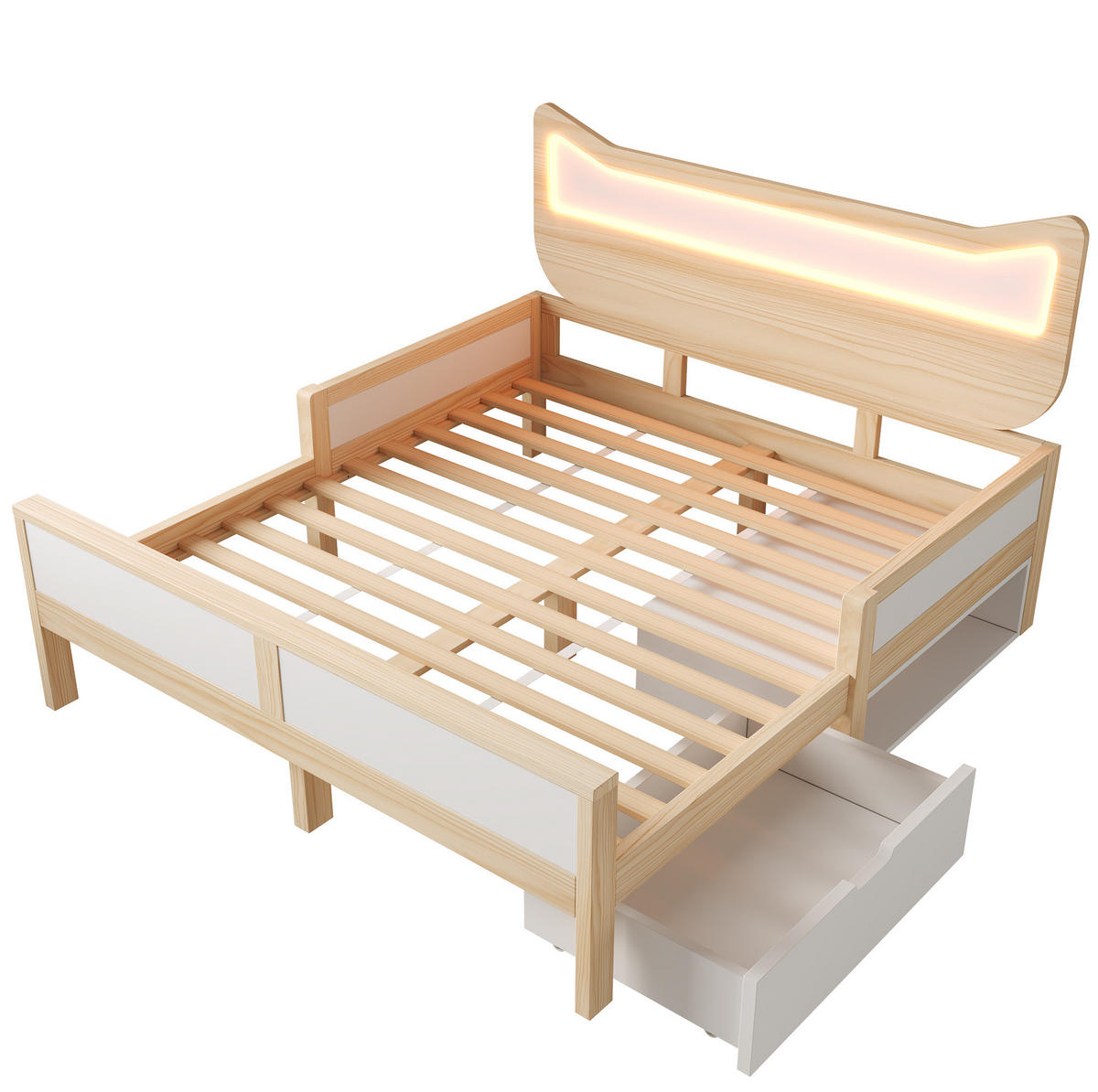 KINDERBETT 140/200 cm Weiß/Eiche mit RGB-LED, Katzenkopfteil, Schublade, Staufach und Schutzgitter - Naturfarben, Holz (140/200cm) - OKMYHOME