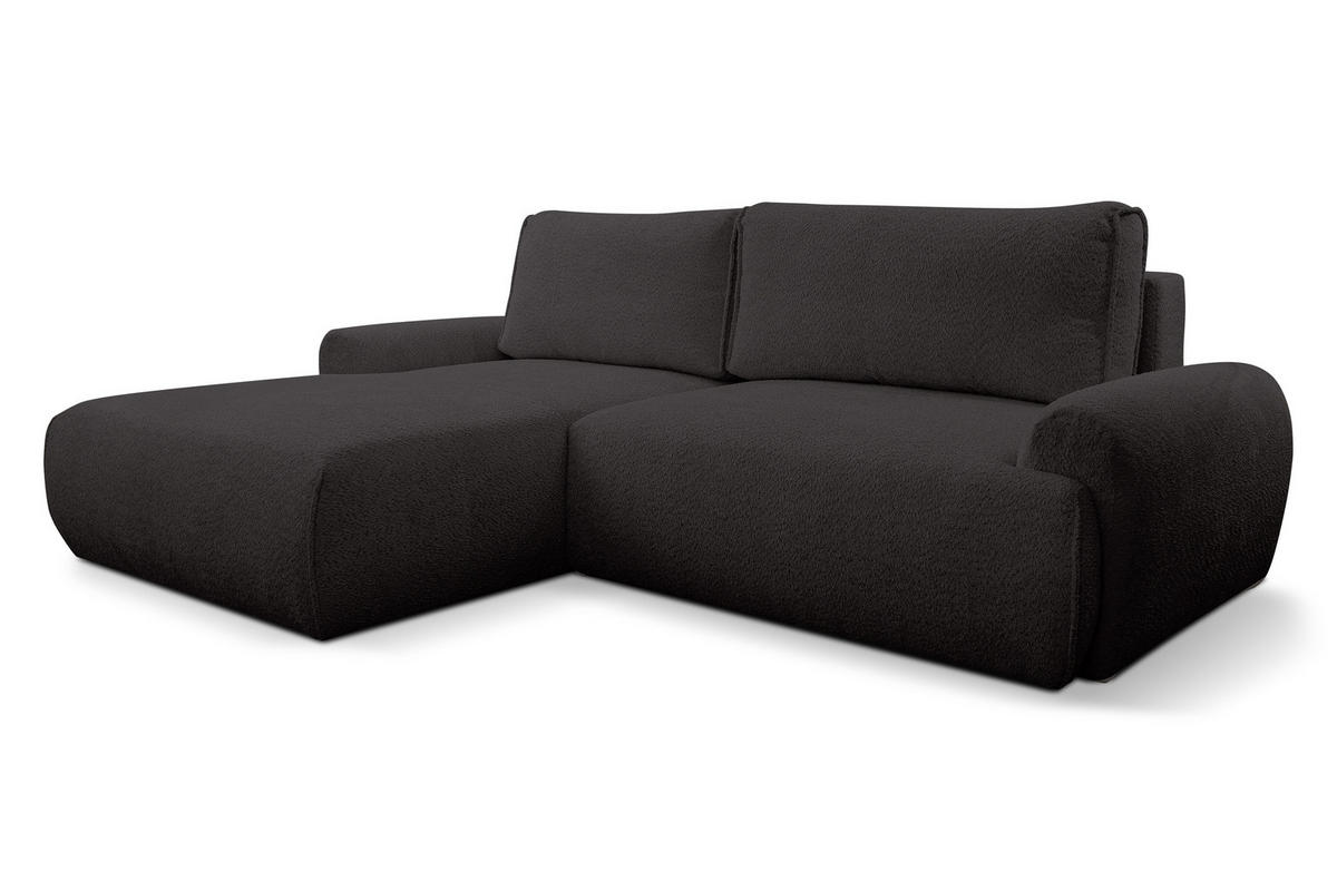 ECKSOFA Moon in L-Form mit Schlaffunktion und Bettkasten, Farbe: Schwarz, Bouclé-Stoff, Ottomane Links - Schwarz, Textil (136/260cm) - VENASI MÖBEL