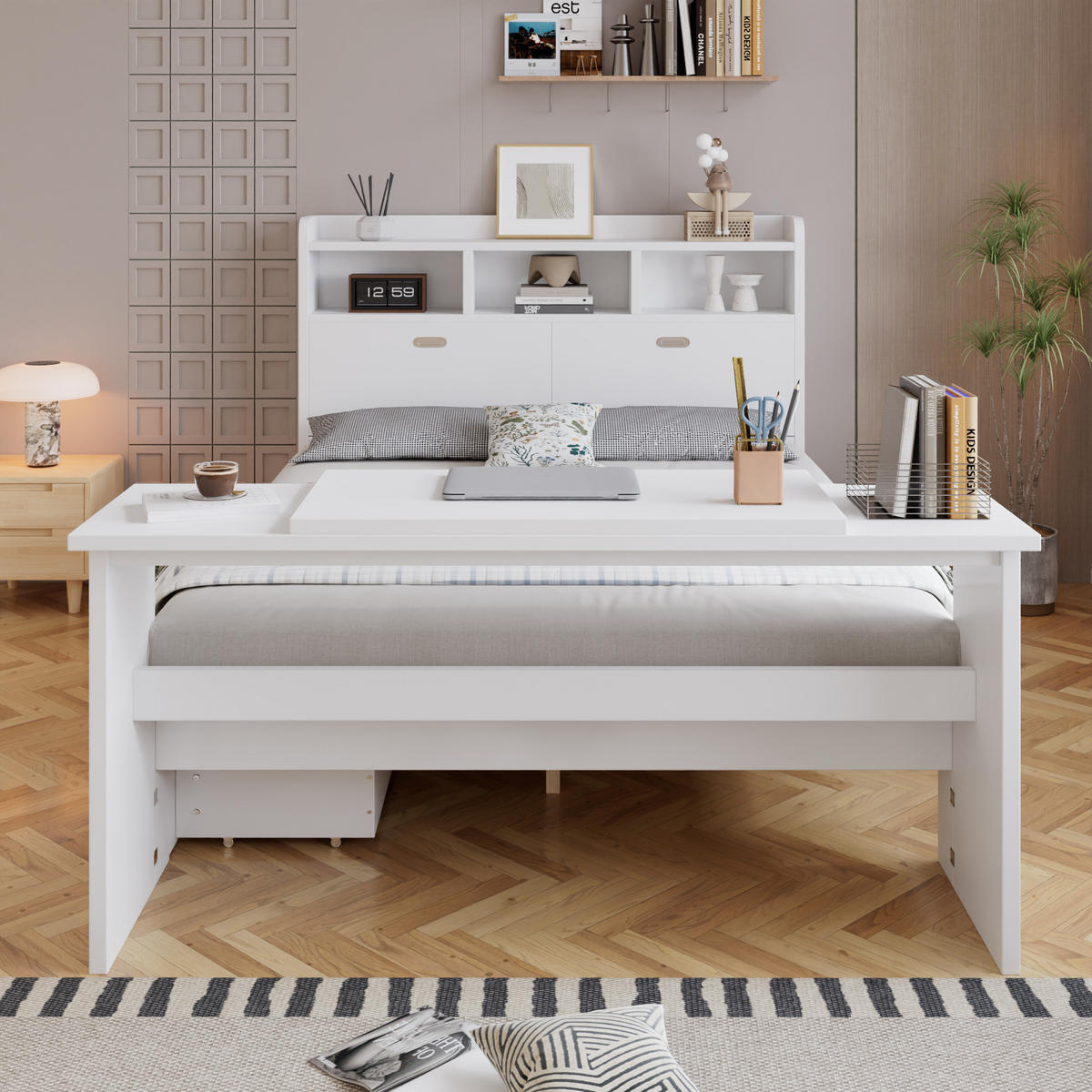 BETT 140/200 cm in Weiß mit Stauraum, Klapptisch und verstellbarer Schublade aus Holz - Weiß, Holzwerkstoff - STILVORA