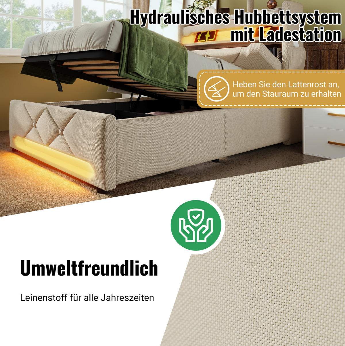 POLSTERBETT 180/200 cm Beige aus Leinen mit LED und Stauraum - Beige, Textil (180/200cm) - OKMYHOME
