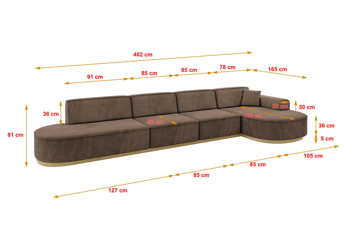 ECKSOFA Ottomane Rechts MARI-L3-v2 - 413x171x83 cm Braun Velours - Braun, Holzwerkstoff/Textil (171/413cm) - ALTDECOR