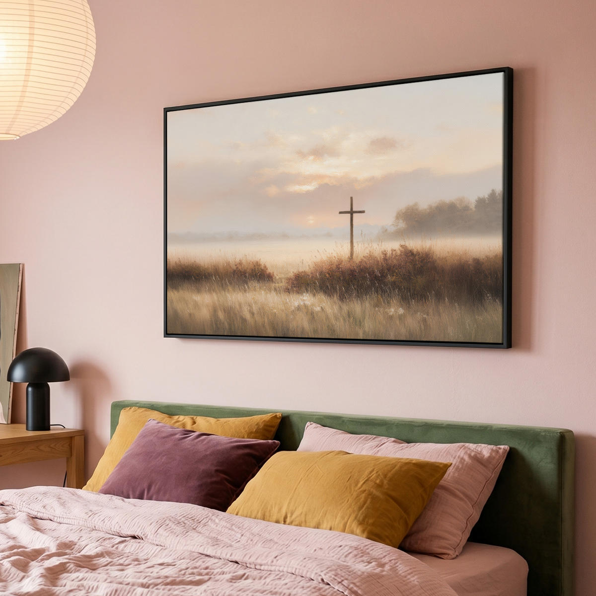 LEINWAND Bilder mit Rahmen - Gras - Morgennebel - Kreuz - Christentum - 140x90 - Beige, Textil (140/90cm) - MuchoWow