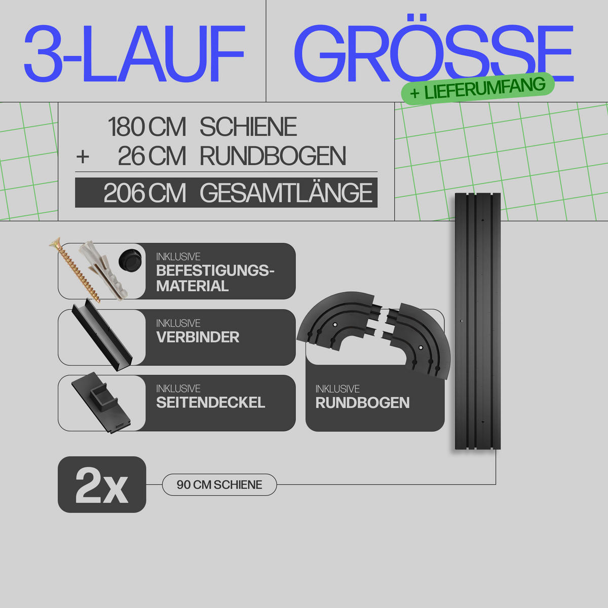 GARDINENSCHIENE inkl. Rundbögen 180cm (2x90cm) 3-läufig - Schwarz, Kunststoff (10/1.8/180cm)