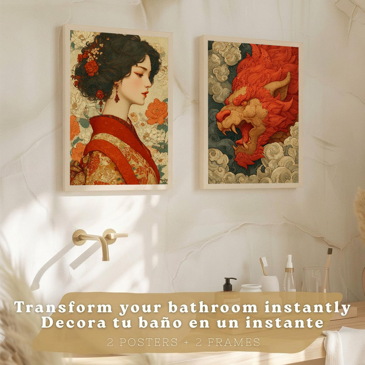 PLAKÁT Sada 2 dekorativních koupelna-Kunstdrucke japonském pro hůlku Sprcha Toilette mit Orientalischem Drachen & Frau Lehký dřevěný rám A3 - béžová, papír (42/29.7/3cm) - Nacnic