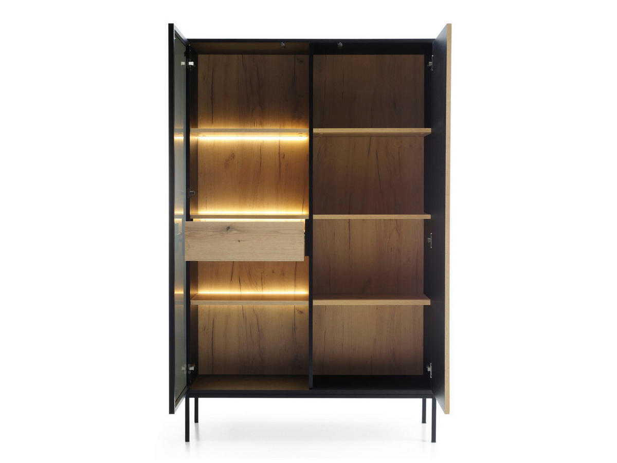 MODERNE Geriffelte Hochvitrine LAGOS W2D1SZ (Schwarz, Eiche Wotan, LED, Metallfüße, Push to Open) - Eiche Wotan/Schwarz, Glas/Holz (104/166/39cm) - Ravio