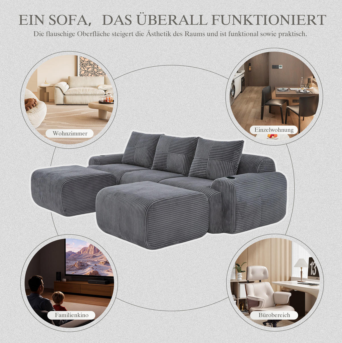 MODULARE Wohnlandschaft 268/174/66 cm in Dunkelgrau mit Cupholder - Dunkelgrau, Textil (174/80/268cm) - BEAOK