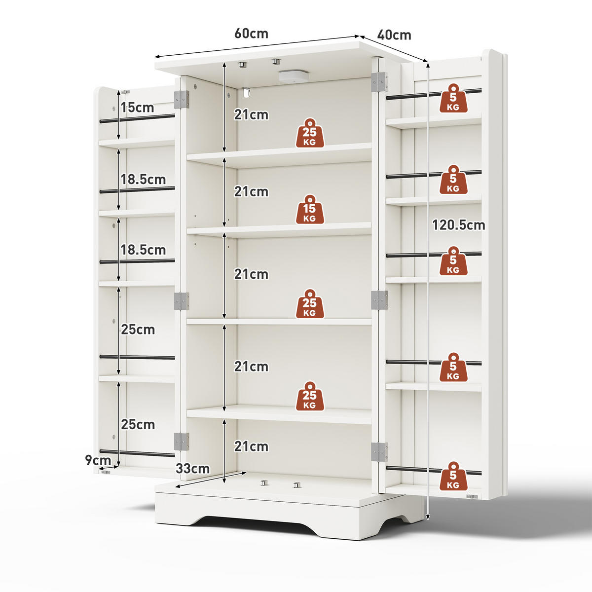 HOCHSCHRANK aus MDF mit 3D-Wellentüren, LED-Sensorlicht und verstellbarem Einlegeboden, 120/60/40 cm, Weiß - Weiß, Holzwerkstoff (60/120/40cm) - Redom