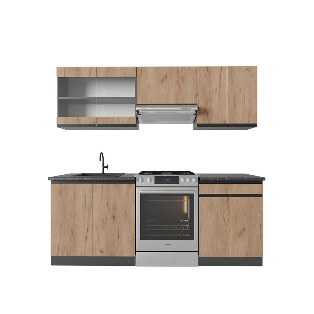 KÜCHENZEILE R-Line Goldkraft Eiche/Anthrazit 200 cm J-Shape - Honigeiche/Anthrazit, Holzwerkstoff (200/81.6/46cm) - Vicco