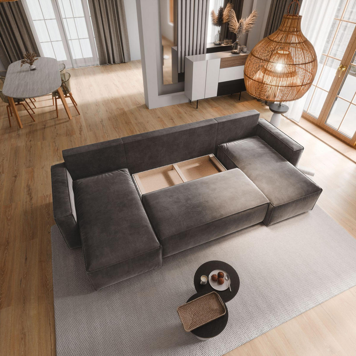 WOHNLANDSCHAFT DENI Creme Velours-Stoff mit Schlaffunktion - Creme, Holz (295/85/140cm) - MASSENO