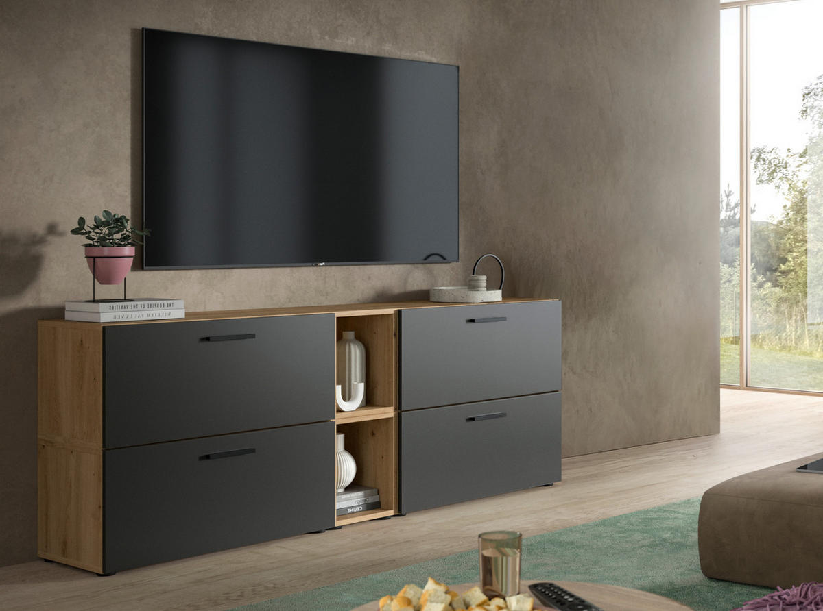TV-LOWBOARD grau, Eiche Artisan 176 cm, Fernsehtisch hängend / stehend mit Soft-Close - Schwarz/Eiche Artisan, Holzwerkstoff/Kunststoff (176/67/34cm) - Inn.Furn