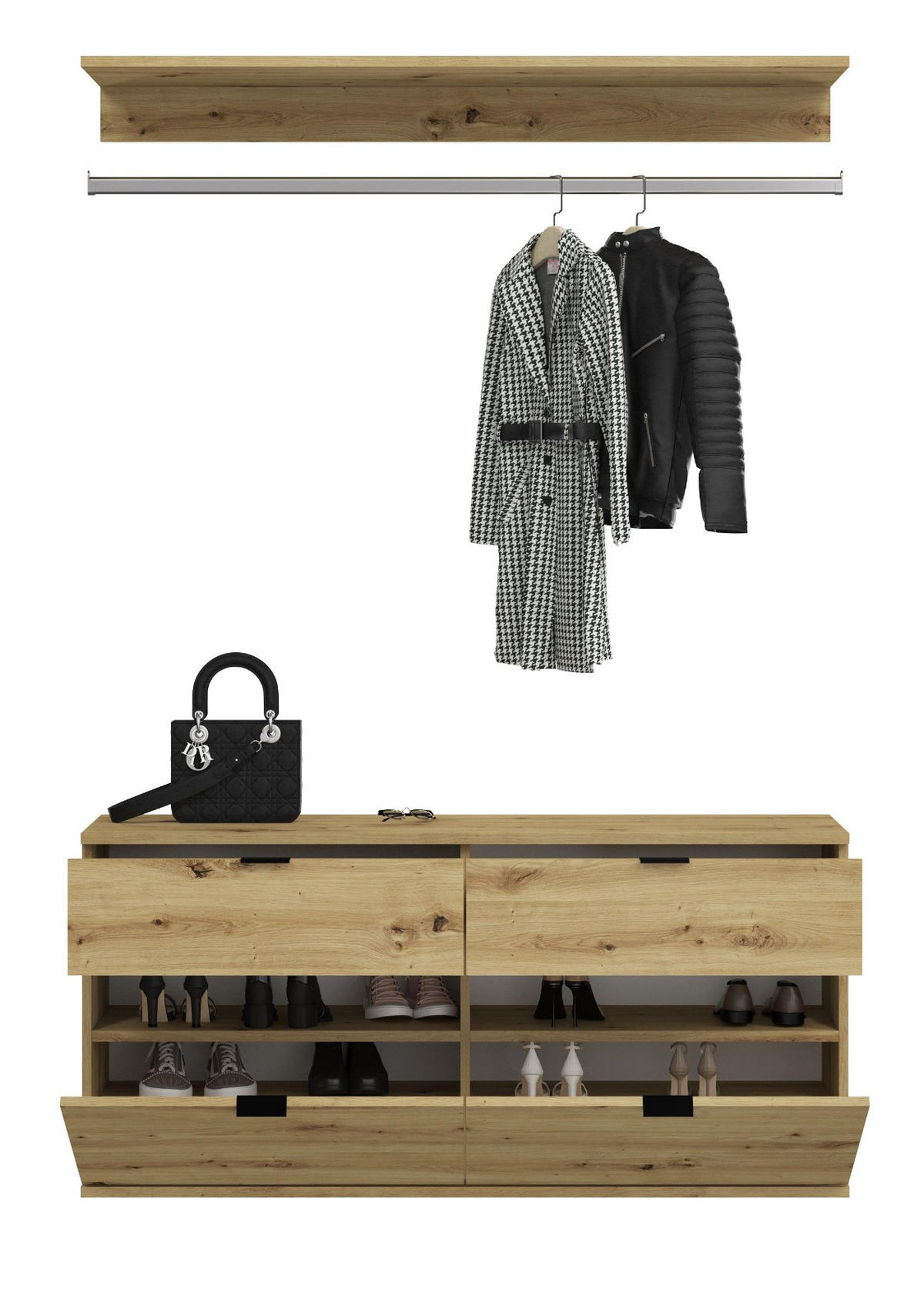 GARDEROBEN-SET in Artisan Eiche 121 cm, Komplettset mit Kleiderstange - Schwarz/Eiche Artisan, Holzwerkstoff/Metall (121/79/34cm) - Inn.Furn