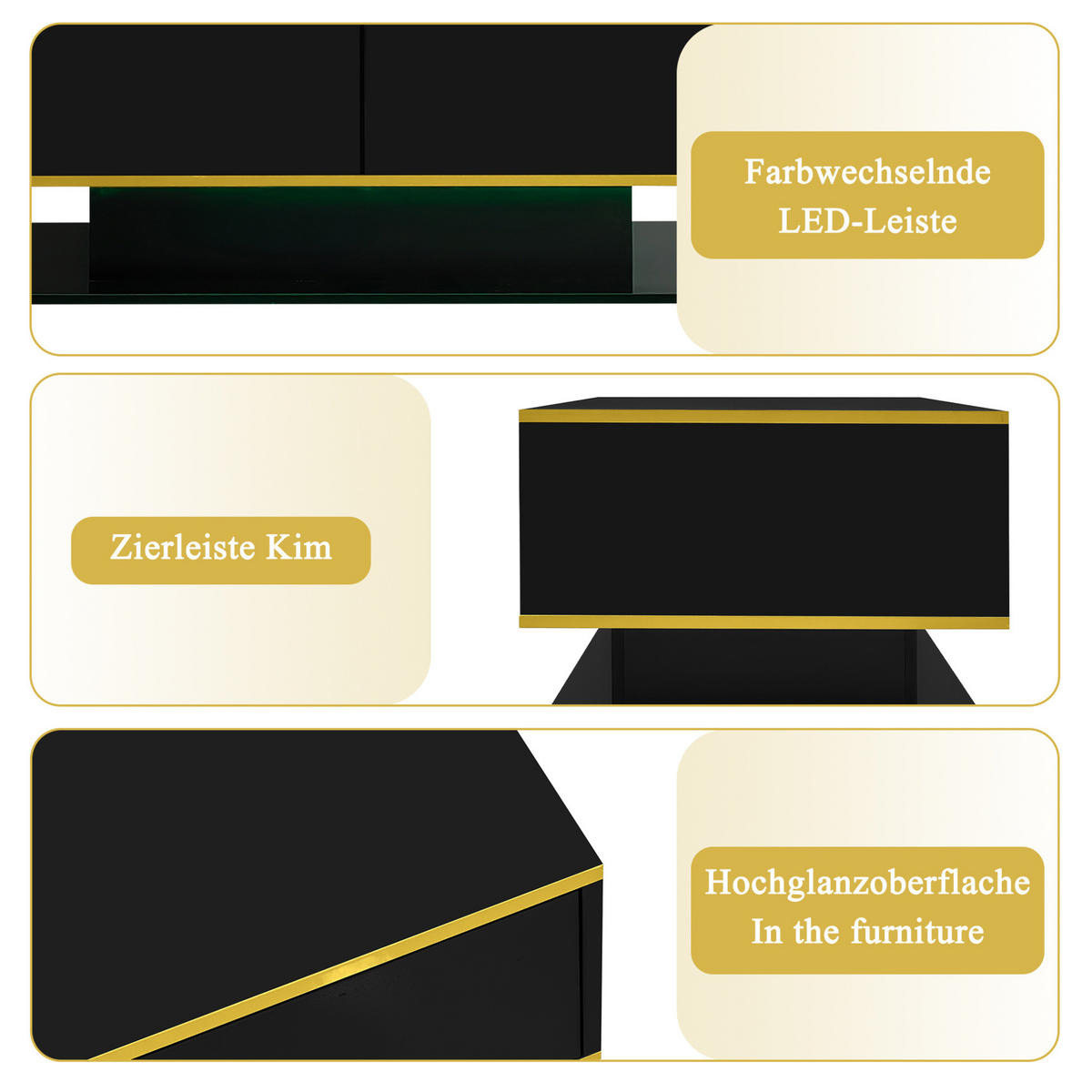 COUCHTISCH 100/50/40 cm in Schwarz/Gold mit LED-Beleuchtung und 3 Schubladen - Schwarz, Holzwerkstoff (100/50/40cm) - Flora Grace