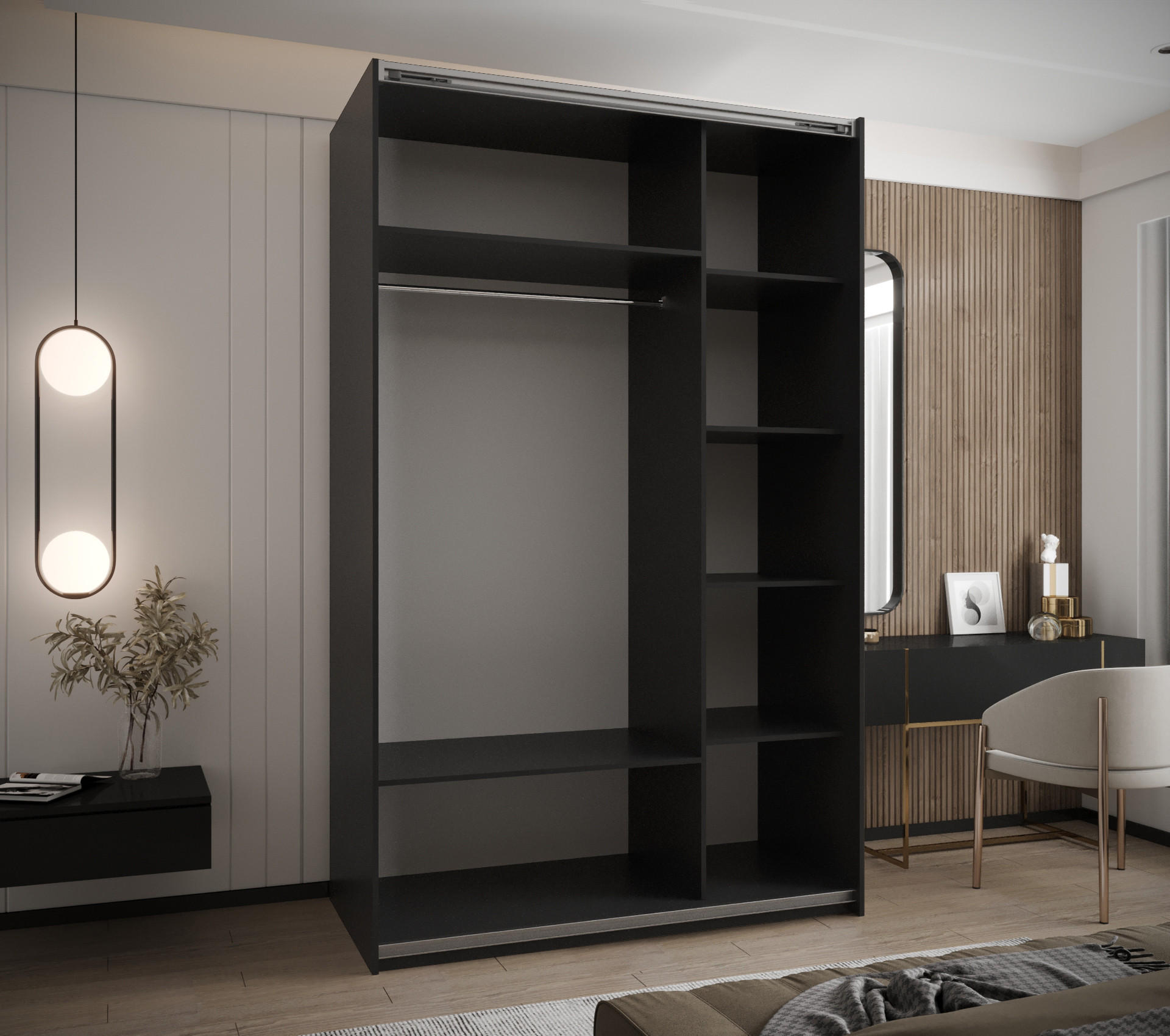 Thumbnail - Abiks Möbel Schwebetürenschrank, Schwarz, Weiß, Schwarz, Metall, Nachbildung, 6 Fächer, 150x245x64 cm, Schlafzimmer, Kle...