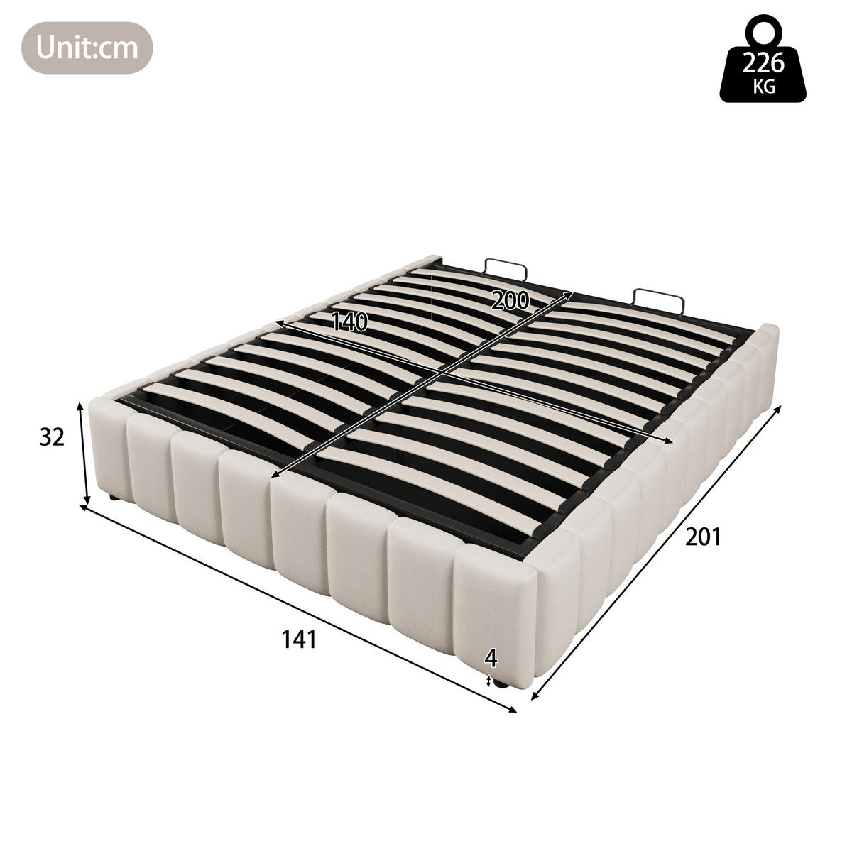 POLSTERBETT 140/200 cm aus Leinen mit hydraulischem Stauraum ohne Kopfteil Beige - Beige, Textil (140/200cm) - Modenvie